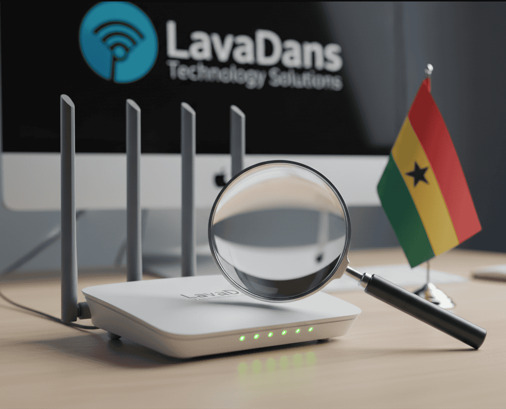 A graphic representing network troubleshooting from LavaDans Technology Solutions, showing a magnifying glass diagnosing a Wi-Fi router in Ghana.