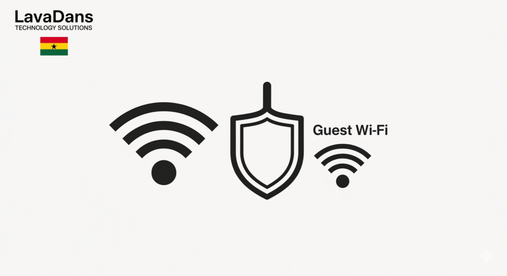 A graphic explaining how to set up a secure guest Wi-Fi network for a home or business in Ghana.