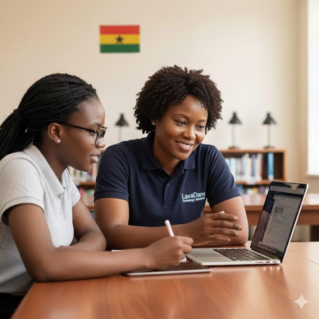 Remote Technical Virtual Assistance – LavaDans Technology Solutions A LavaDans Technology Solutions tutor providing one-on-one academic support to a student in Ghana.