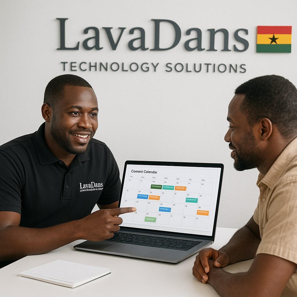 Blogging & Content Creation Services in Ghana  A LavaDans Technology Solutions content strategist planning a blog strategy with a business owner in Ghana.