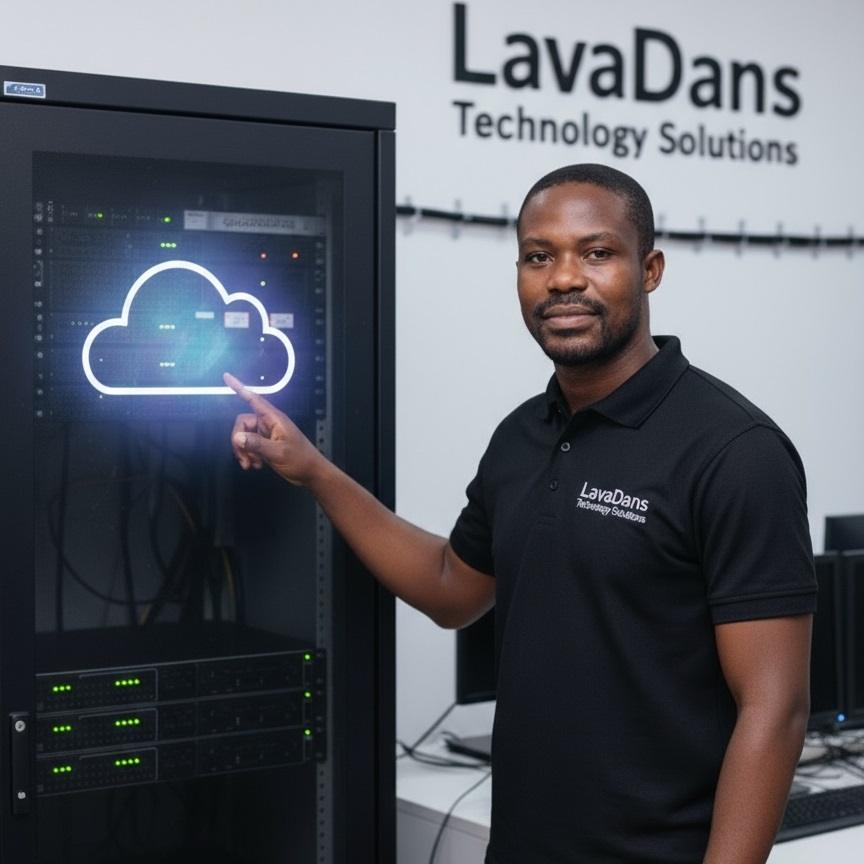 Cloud Computing Services in Ghana A LavaDans Technology Solutions expert showcasing modern cloud computing solutions for businesses in Ghana.