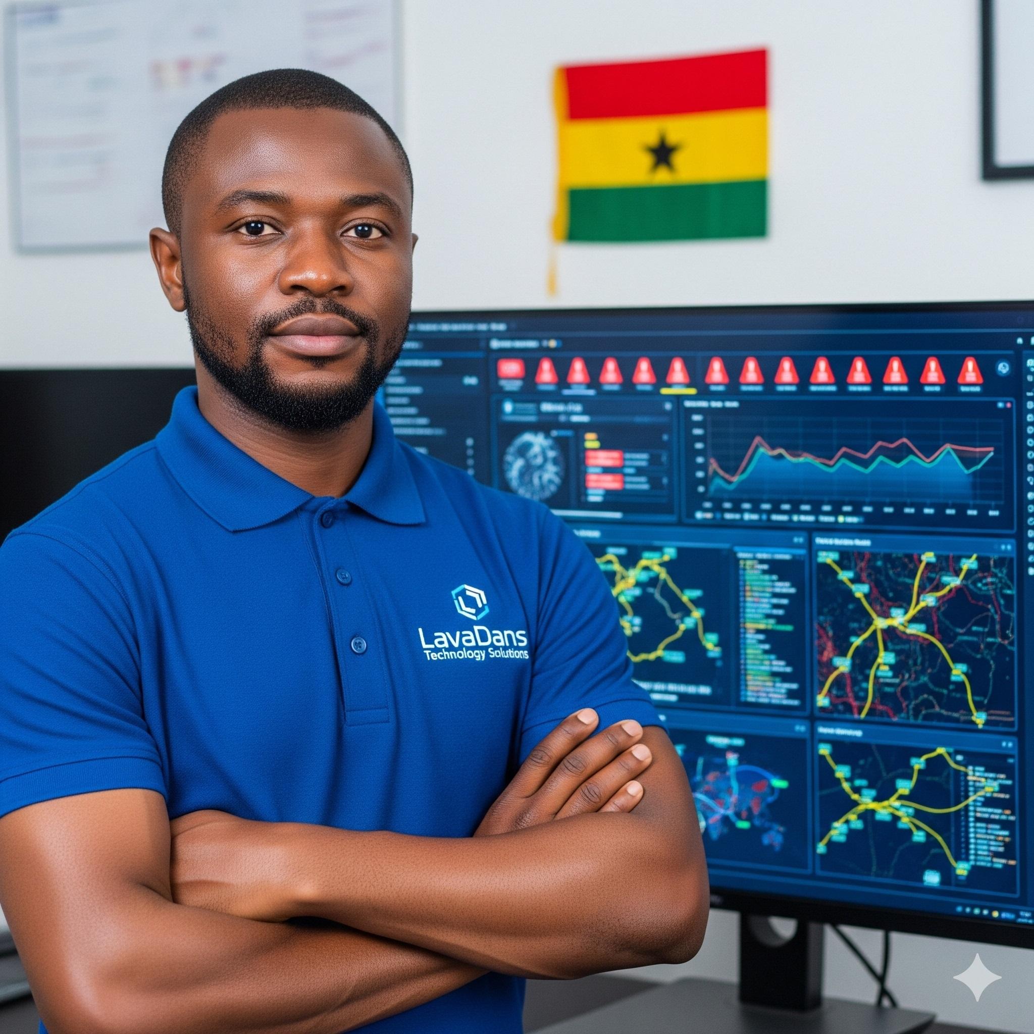 Cybersecurity Solutions in Ghana  A LavaDans Technology Solutions expert managing cybersecurity for a business in Ghana.
