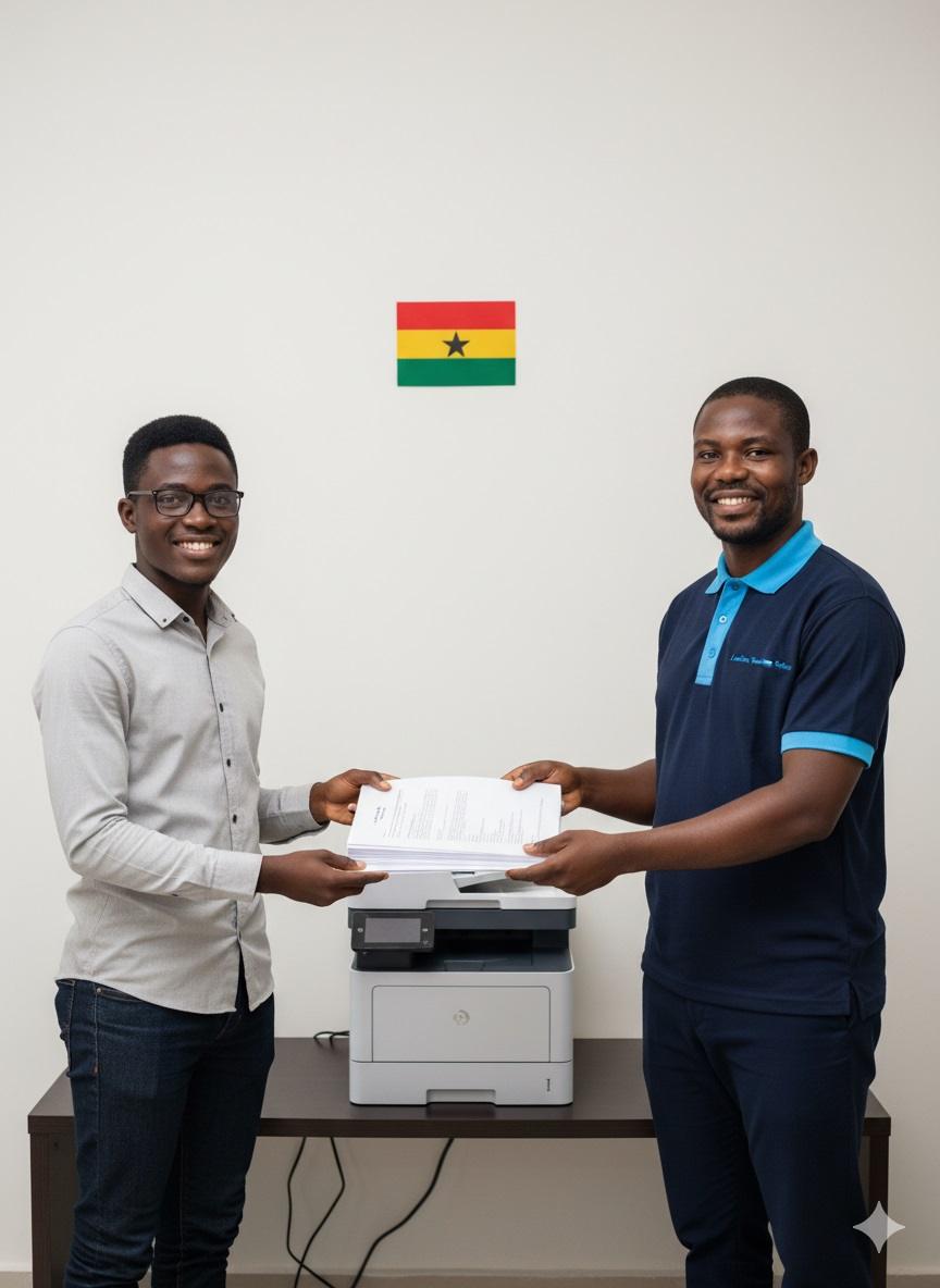 Remote Technical Virtual Assistance – LavaDans Technology Solutions A LavaDans Technology Solutions expert providing professional document and printing services to a client in Ghana.