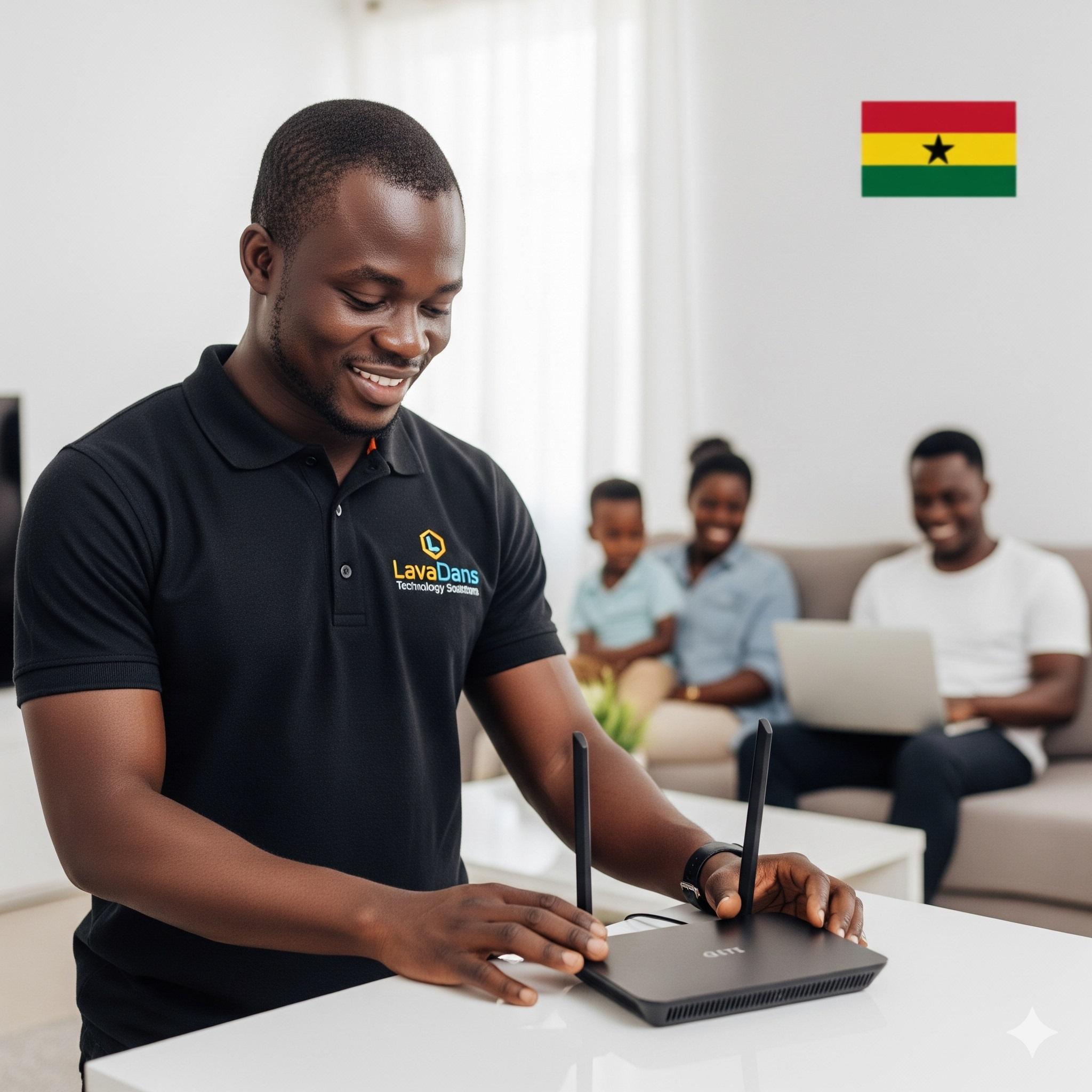 Personal IT Support in Kumasi, Ghana  A LavaDans Technology Solutions expert installing a reliable home internet and Wi-Fi system in a Ghanaian home.
