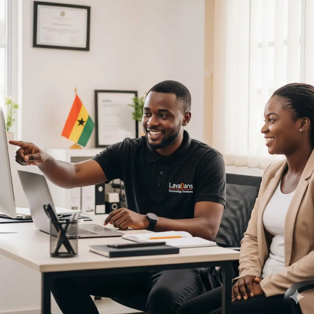 Ghana IT Support Services - LavaDans Technology Solutions A LavaDans Technology Solutions expert providing professional IT support to a small business owner in Kumasi, Ghana.
