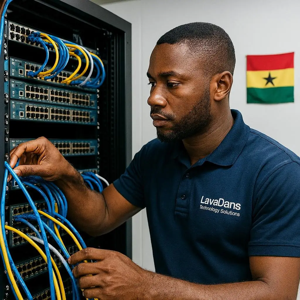 A LavaDans Technology Solutions engineer professionally installing a business network in Ghana.