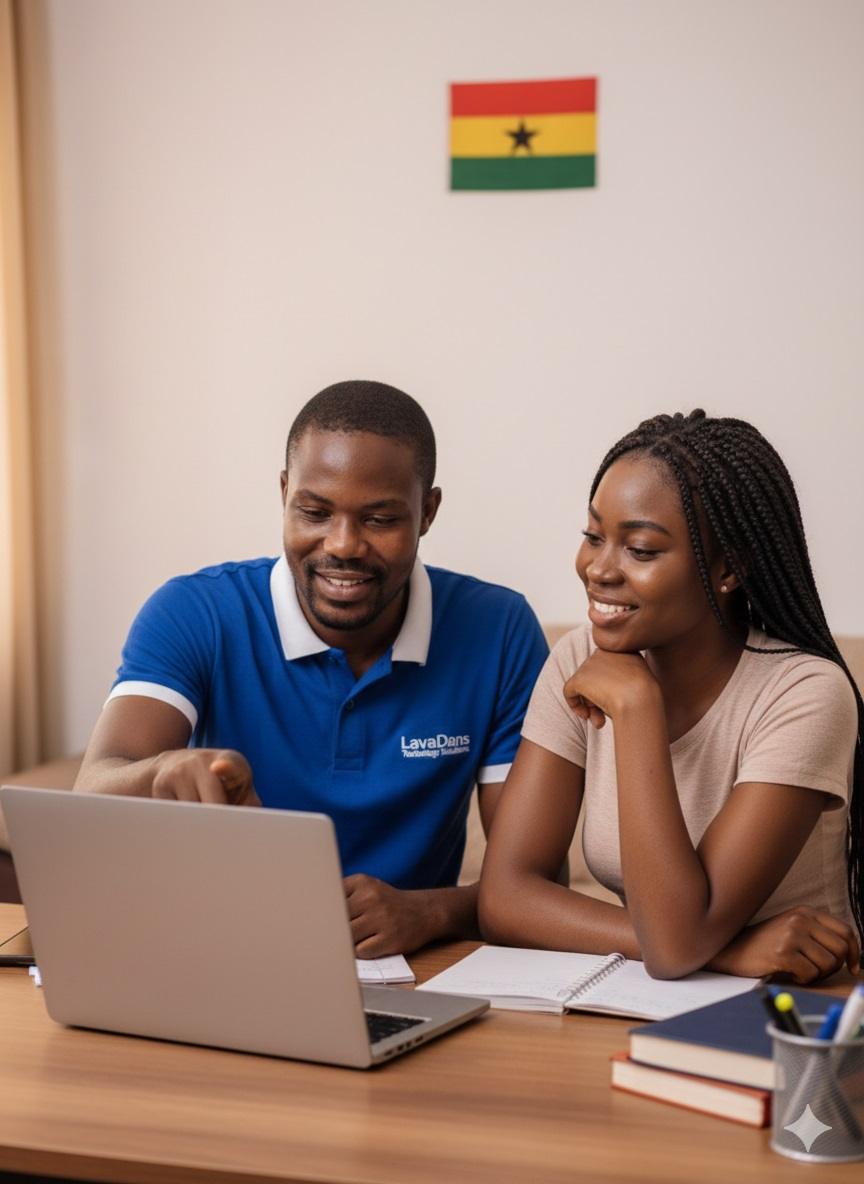 Personal IT Support in Kumasi, Ghana  A LavaDans Technology Solutions expert providing friendly personal IT support to a student in Ghana.