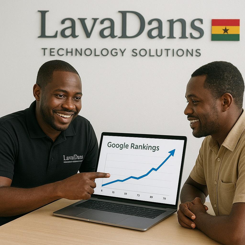 SEO Optimization Services in Ghana  A LavaDans Technology Solutions expert showing a client improved Google rankings from SEO services in Ghana.
