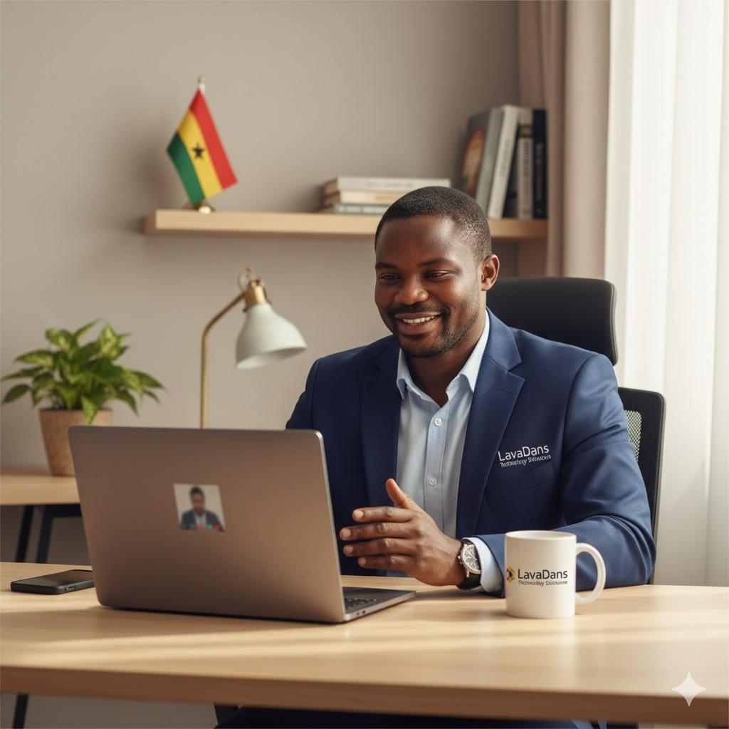 Remote Technical Virtual Assistance – LavaDans Technology Solutions Daniel, the founder of LavaDans Technology Solutions, providing remote technical virtual assistance from his office in Ghana.