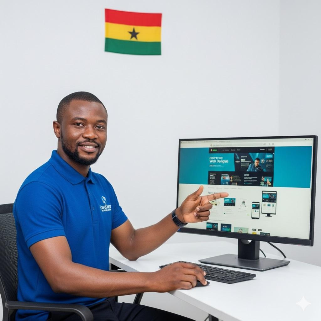 Website Creation & Management in Ghana  A LavaDans Technology Solutions expert designing a professional website for a business in Ghana.